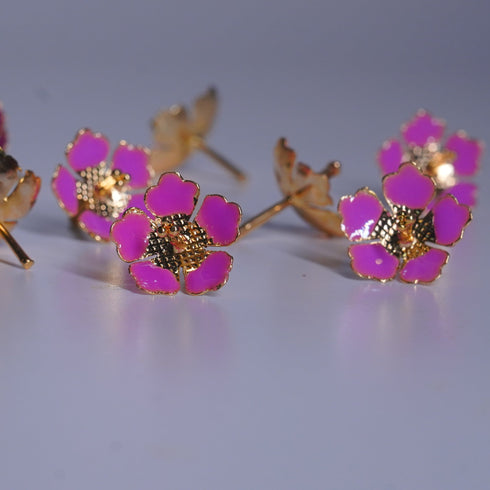 Pure Silver Pink Enamel Flowers 18G (Pack Of 10)